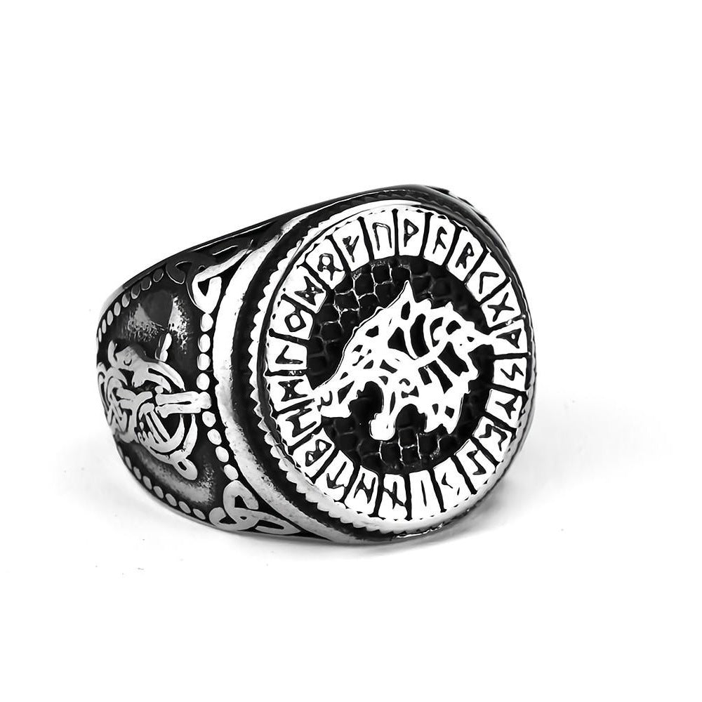 Vintage Solid Stainless Steel Round Signet Viking Wolf Head Rune Hip Hop Ring for Men