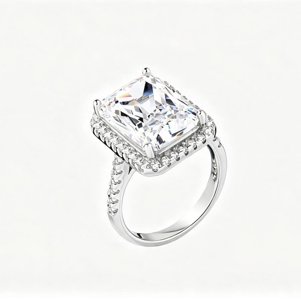 Women's S925 Silver White Gold Tone Square Zircon Halo Ring, Luxury Engagement Style Ladies Fashion Ring