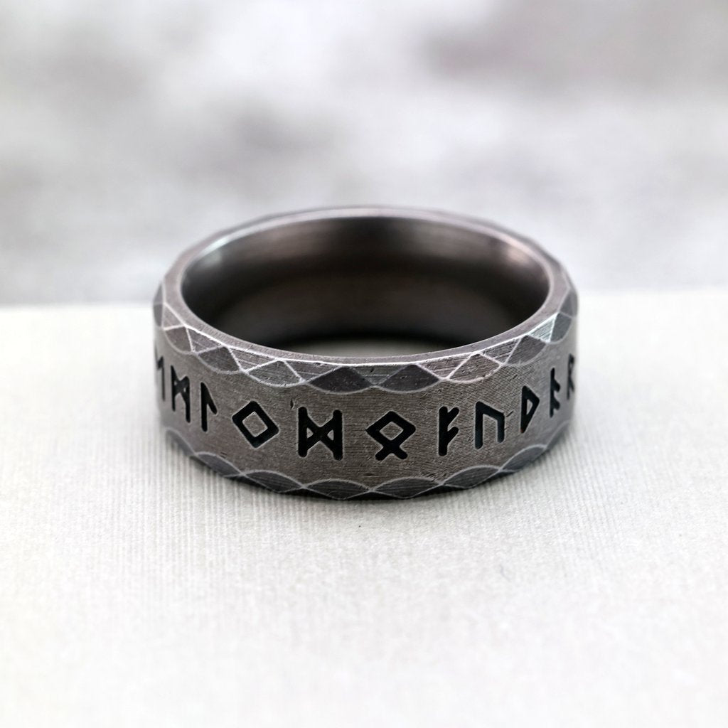 Vintage Antique Finish Stainless Steel Viking Rune Ring for Men