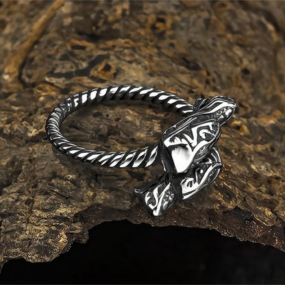 Vintage Solid Stainless Steel Twisted Band Norse Double Dragon Head Ring for Men