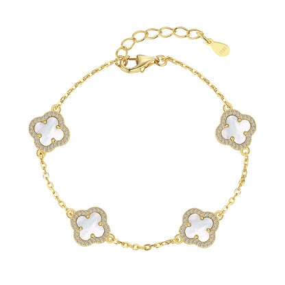 Women's Delicate Bracelet, White Shell & Round White Zirconia Inlay Clover Design, S925 with 18K Gold Plating