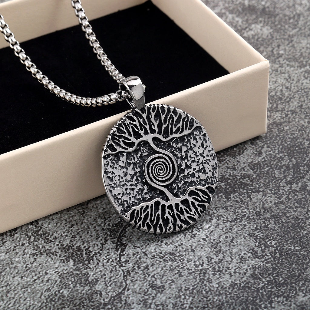 Vintage Stainless Steel Men's Viking Tree of Life Pendant Necklace
