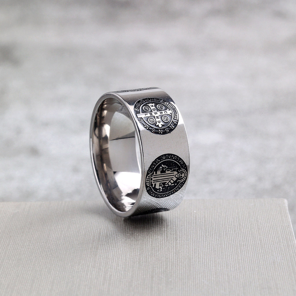 Vintage Polished Stainless Steel Saint Benedict Exorcism Cross Pattern Ring for Men