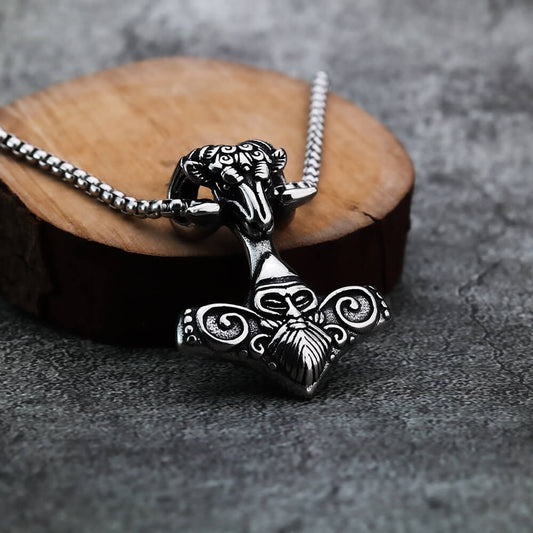 Vintage Stainless Steel Viking Pattern Goat Head Hammer Pendant Necklace for Men