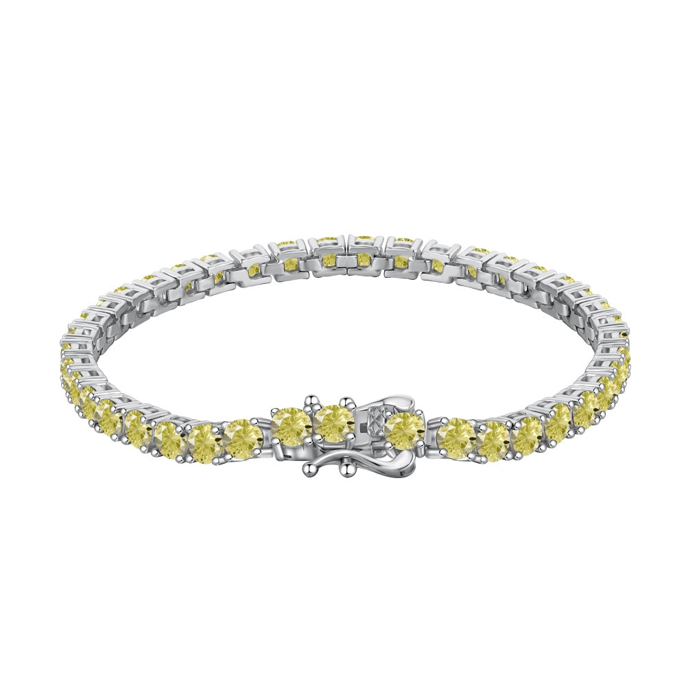 Women's High‑End Fashion Tennis Bracelet, Round Yellow Sapphire Paved Inlay, S925 with White Gold Plating