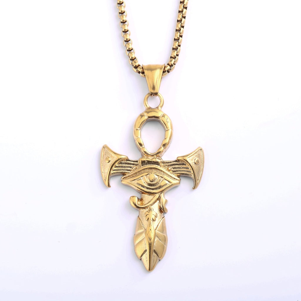 Vintage Stainless Steel Ancient Egyptian Ankh Cross Pendant Necklace for Men