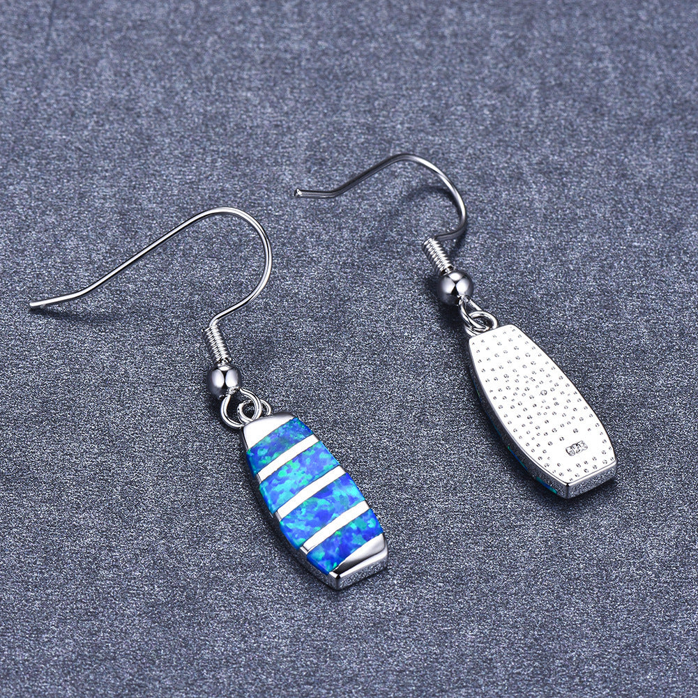 Women's Striped Elongated Hook Dangle Earrings, Blue Opal / White Opal Inlay, White Gold Plating