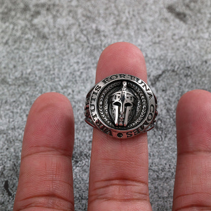 Vintage Stainless Steel Spartan Helmet Ring Engraved Virtutis Fortuna Comes for Men