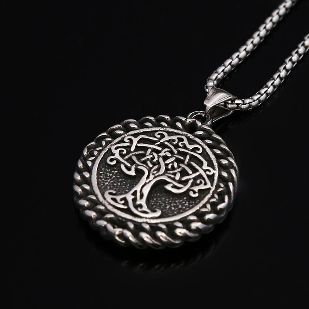 Men's Steel Vintage Viking Tree of Life Round Pendant Necklace