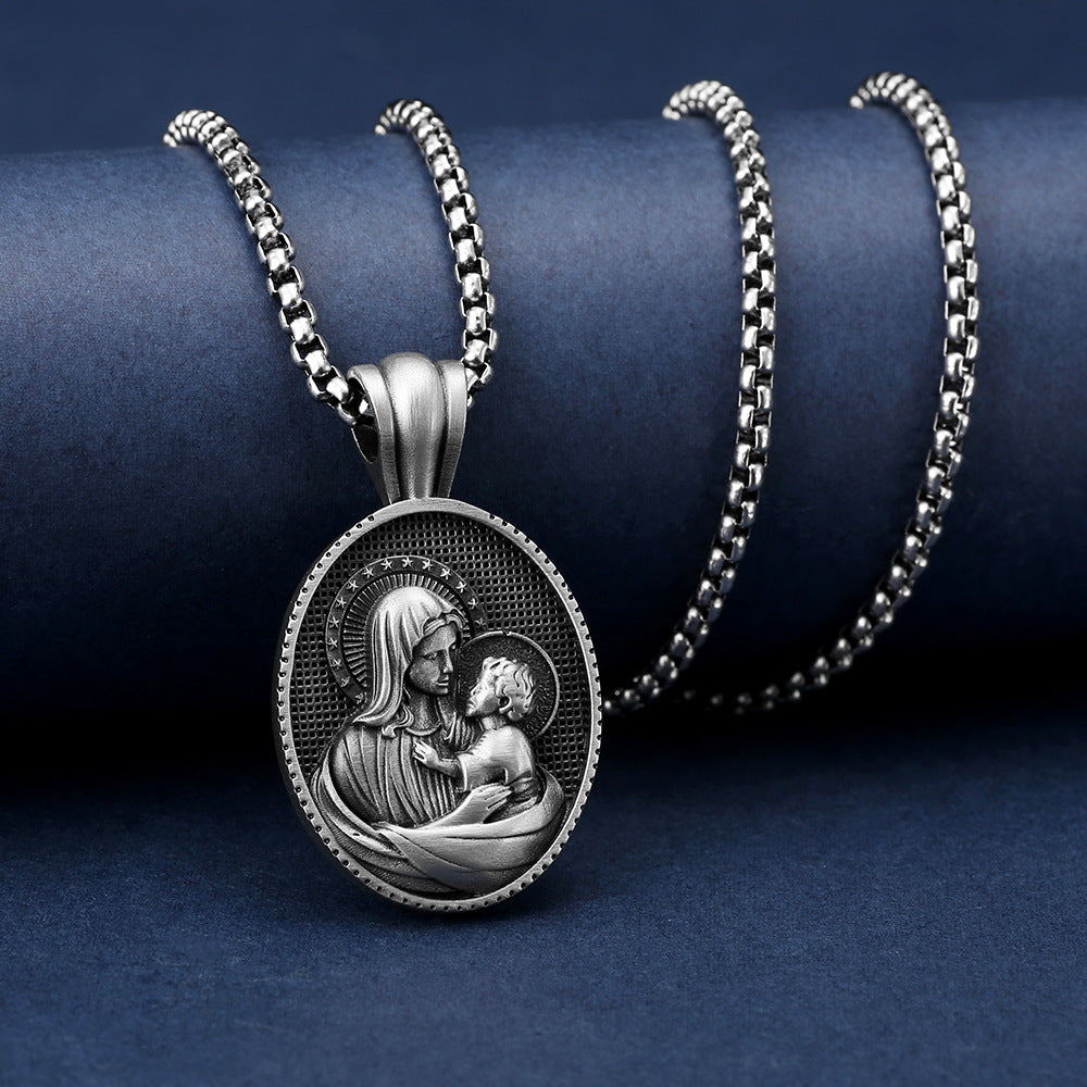 Men's Steel Virgin Mary Oval Pendant Necklace