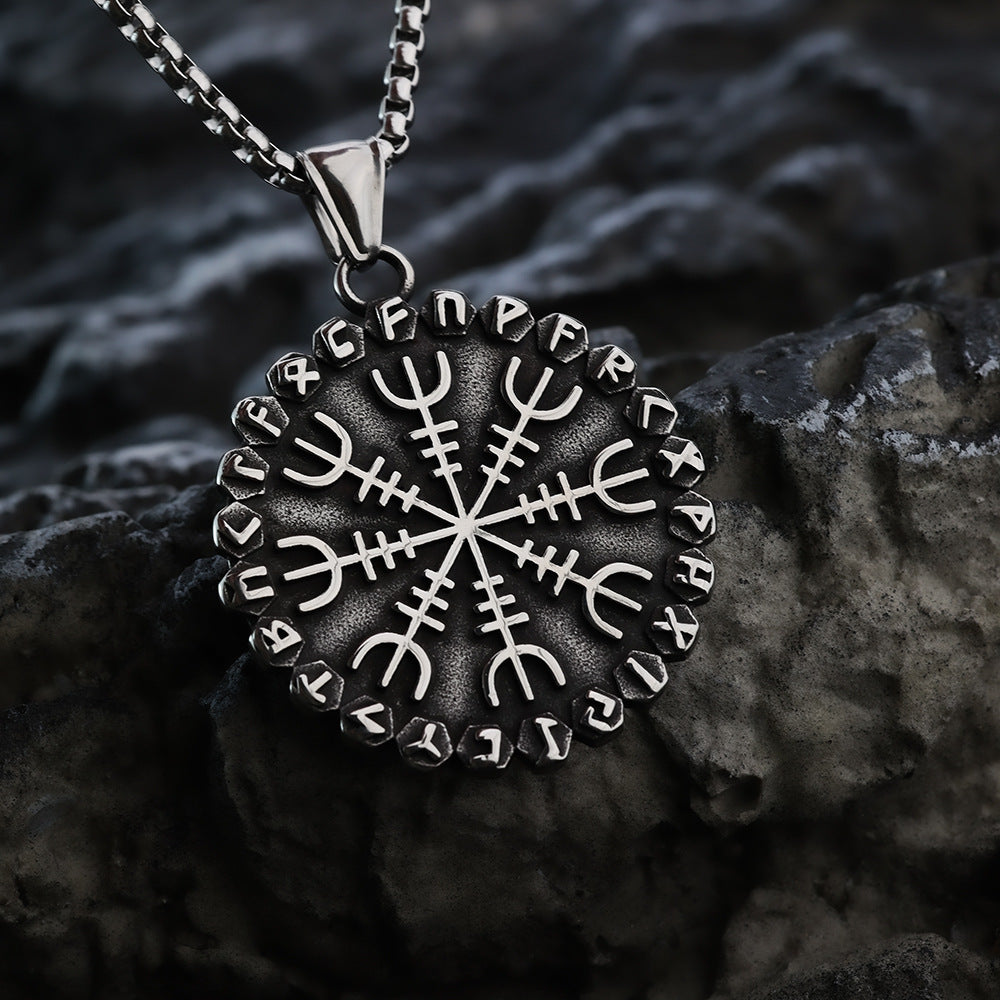 Vintage Nordic Stainless Steel Viking Compass Rune Pendant Necklace for Men