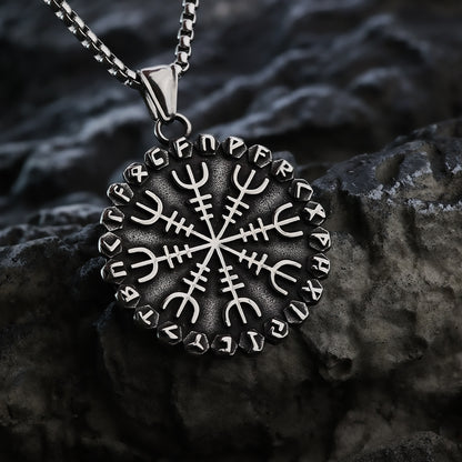 Vintage Nordic Stainless Steel Viking Compass Rune Pendant Necklace for Men