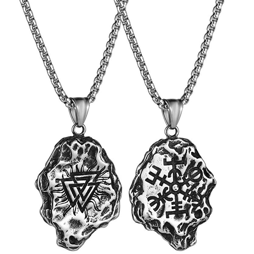 Men's Steel Irregular Meteorite Surface Nordic Viking Rune Pendant Necklace