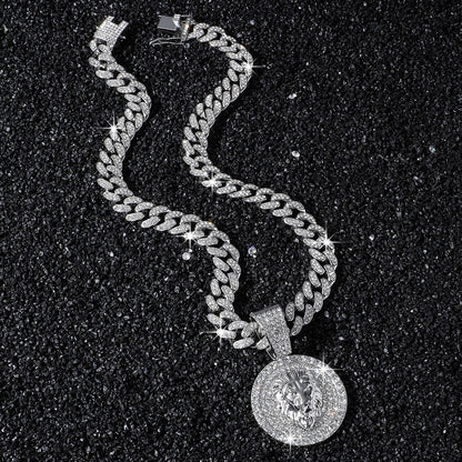 Hip-Hop Style Round Lion Head Animal Cuban Chain Pendant Necklace