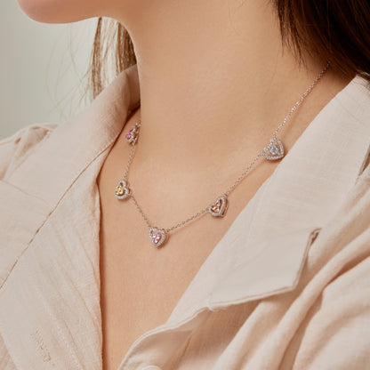 Women's Multi‑Pendant Necklace, Hollow Heart Design Inlaid Multicolor Sapphire, S925 with White Gold Plating
