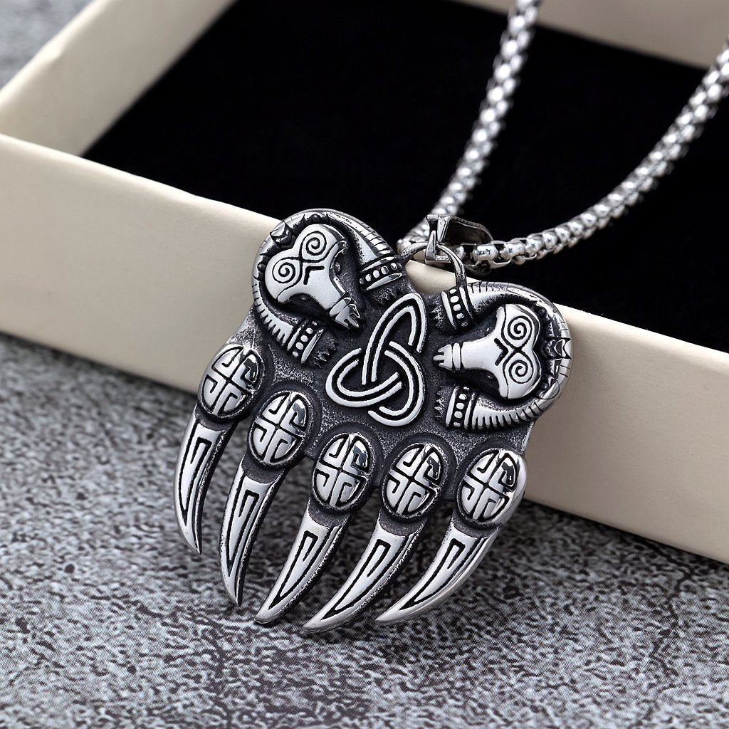 Vintage Stainless Steel Single Sided Celtic Knot Bear Paw Pendant Necklace for Men