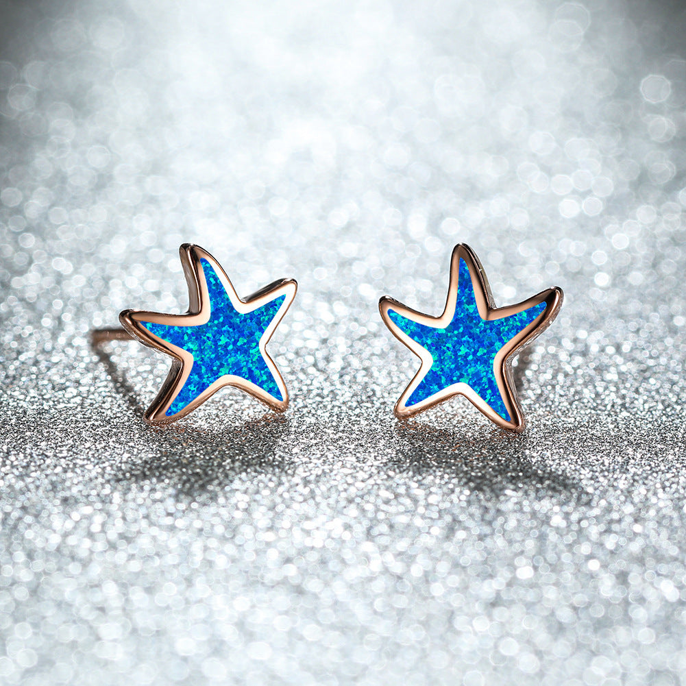 Women's Cute Starfish Shape Stud Earrings With White Opal Inlay, with Rose Gold Plating / with White Gold Plating