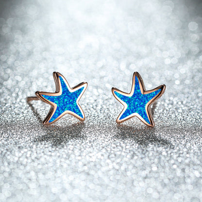 Women's Cute Starfish Shape Stud Earrings With White Opal Inlay, with Rose Gold Plating / with White Gold Plating