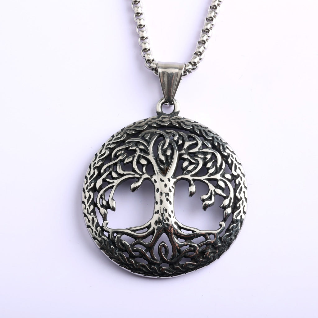 Vintage Stainless Steel Hollow Tree of Life Pendant Necklace for Men