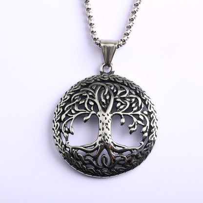 Vintage Stainless Steel Hollow Tree of Life Pendant Necklace for Men