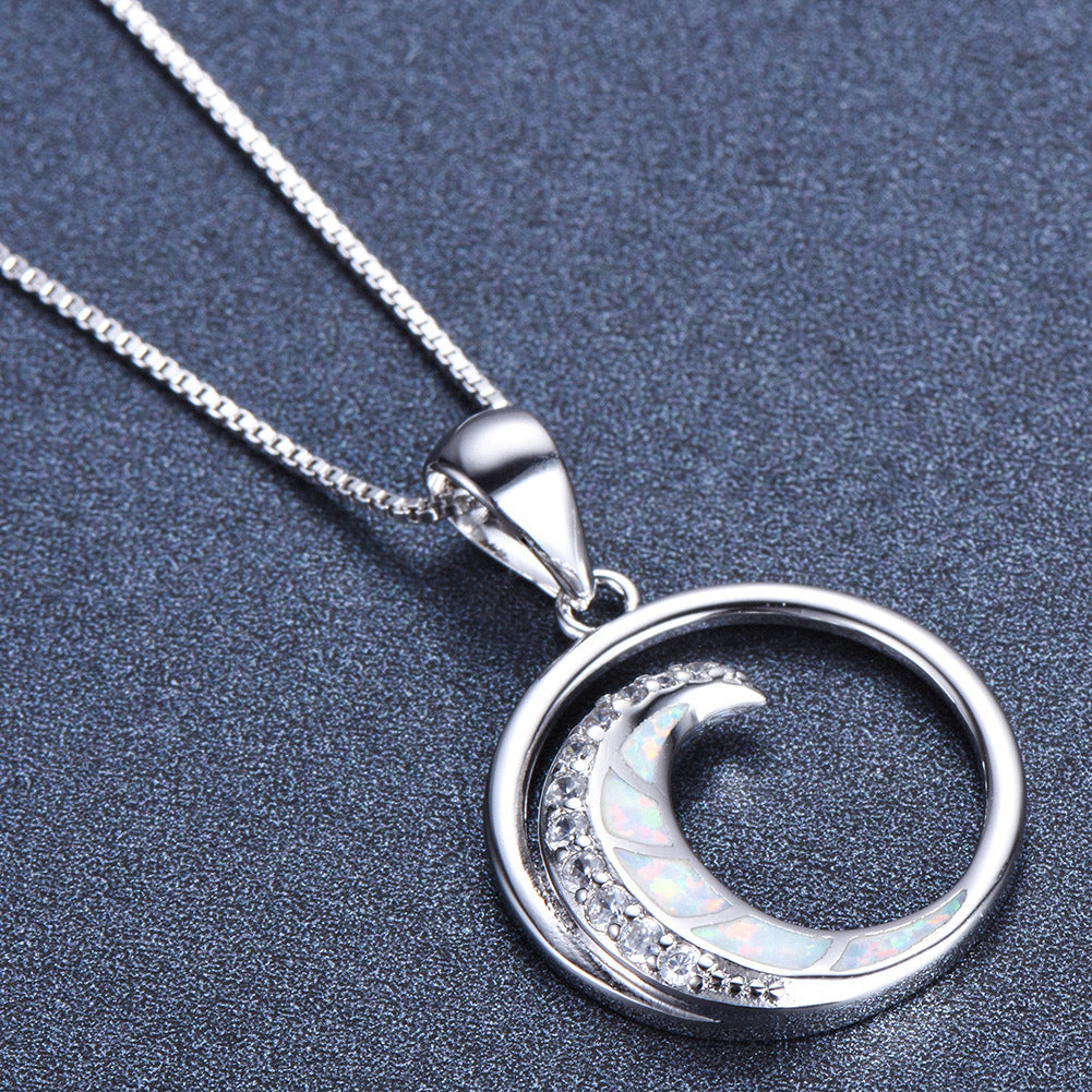925 Silver Opal White Diamond Crescent Shaped Smooth Circle Pendant Necklace