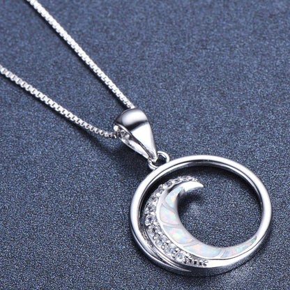 925 Silver Opal White Diamond Crescent Shaped Smooth Circle Pendant Necklace