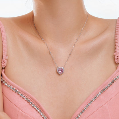 S925  Necklace, Inlaid Pink Heart & White Round CZ, Niche Exquisite Fashion Jewelry