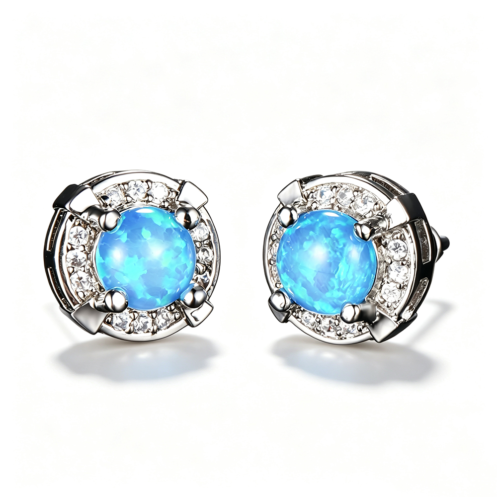 Women's Round Four‑Prong Halo Blue & White Opal Stud Earrings,with White Gold Plating