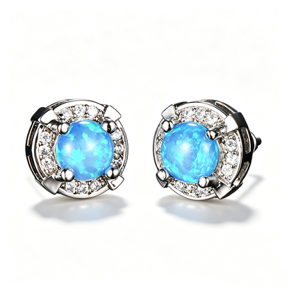 Women's Round Four‑Prong Halo Blue & White Opal Stud Earrings,with White Gold Plating