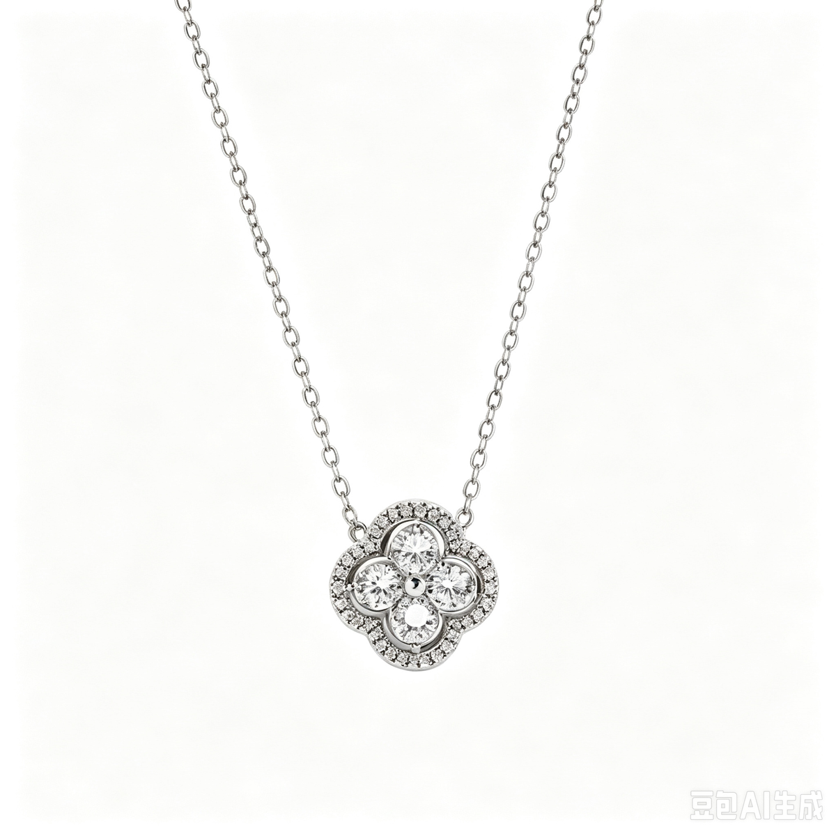Women's Clover Flower Pendant Necklace, Inlaid Round Zirconia, S925 with White Gold Plating