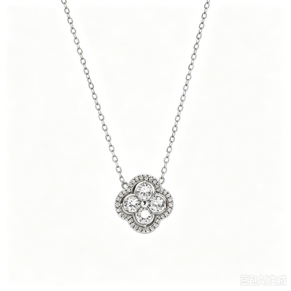 Women's Clover Flower Pendant Necklace, Inlaid Round Zirconia, S925 with White Gold Plating