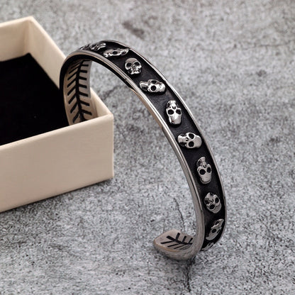 Vintage Punk Skull Stainless Steel Cuff Bracelet for Men, Biker Motorcycle Style Open C Bangle