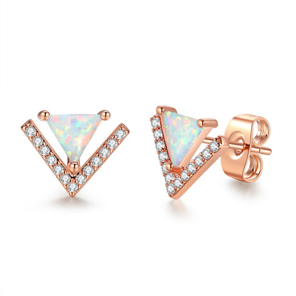 Women's V‑Shaped Triangle Opal Stud Earrings With Zirconia Inlay, White Gold Plating / Rose Gold Plating