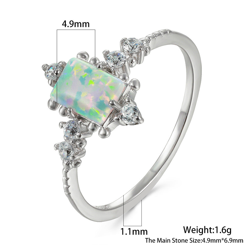 Women's White Gold Plated Rectangle Opal With Zirconia ring