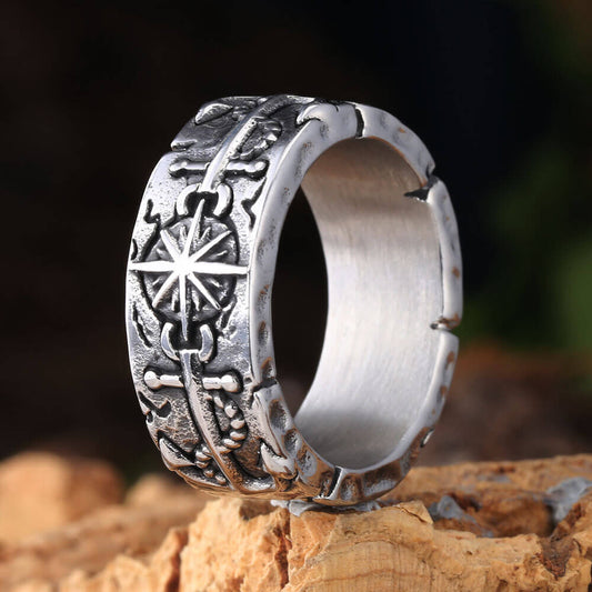 Vintage Nordic Antique Finish Stainless Steel Engraved Sun Pirate Anchor Ring for Men