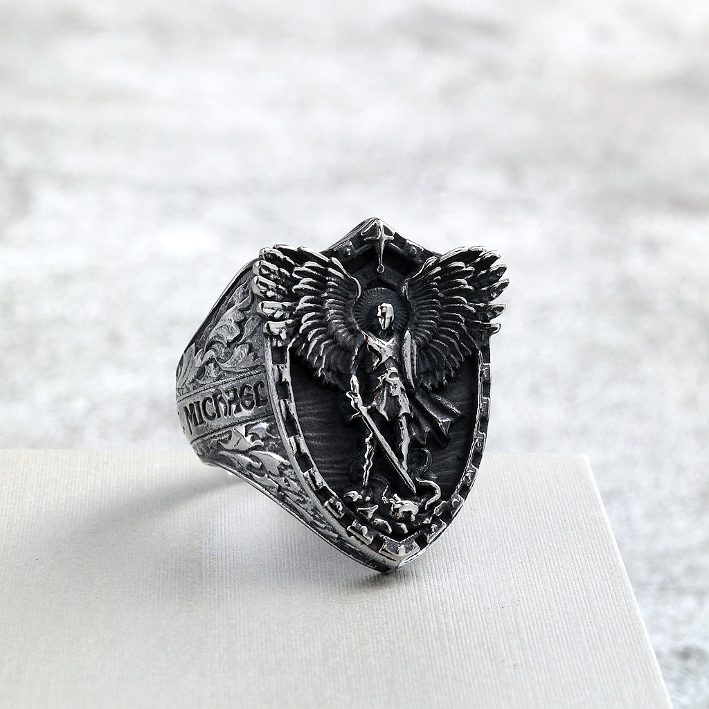 Vintage Solid Stainless Steel Punk St. Michael Dragon Slayer Ring for Men