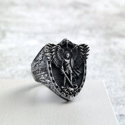 Vintage Solid Stainless Steel Punk St. Michael Dragon Slayer Ring for Men