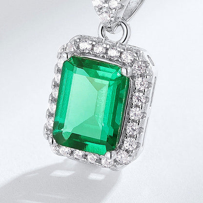 Women's Sterling Silver Rectangle Halo Emerald Pendant