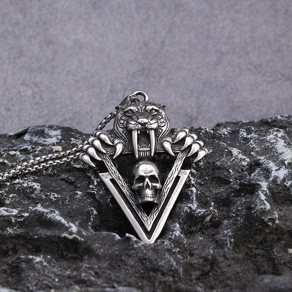 Men's Steel Sabertooth Tiger Skull Pendant Necklace