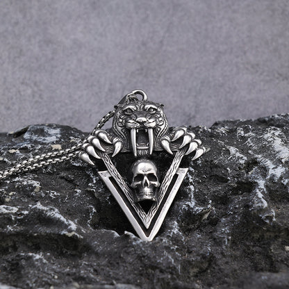 Men's Steel Sabertooth Tiger Skull Pendant Necklace