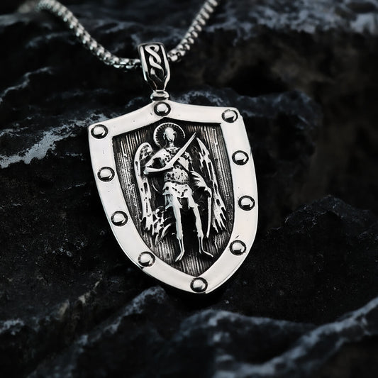 Men's Steel Vintage Archangel St Michael Shield Double Sided Pendant Necklace