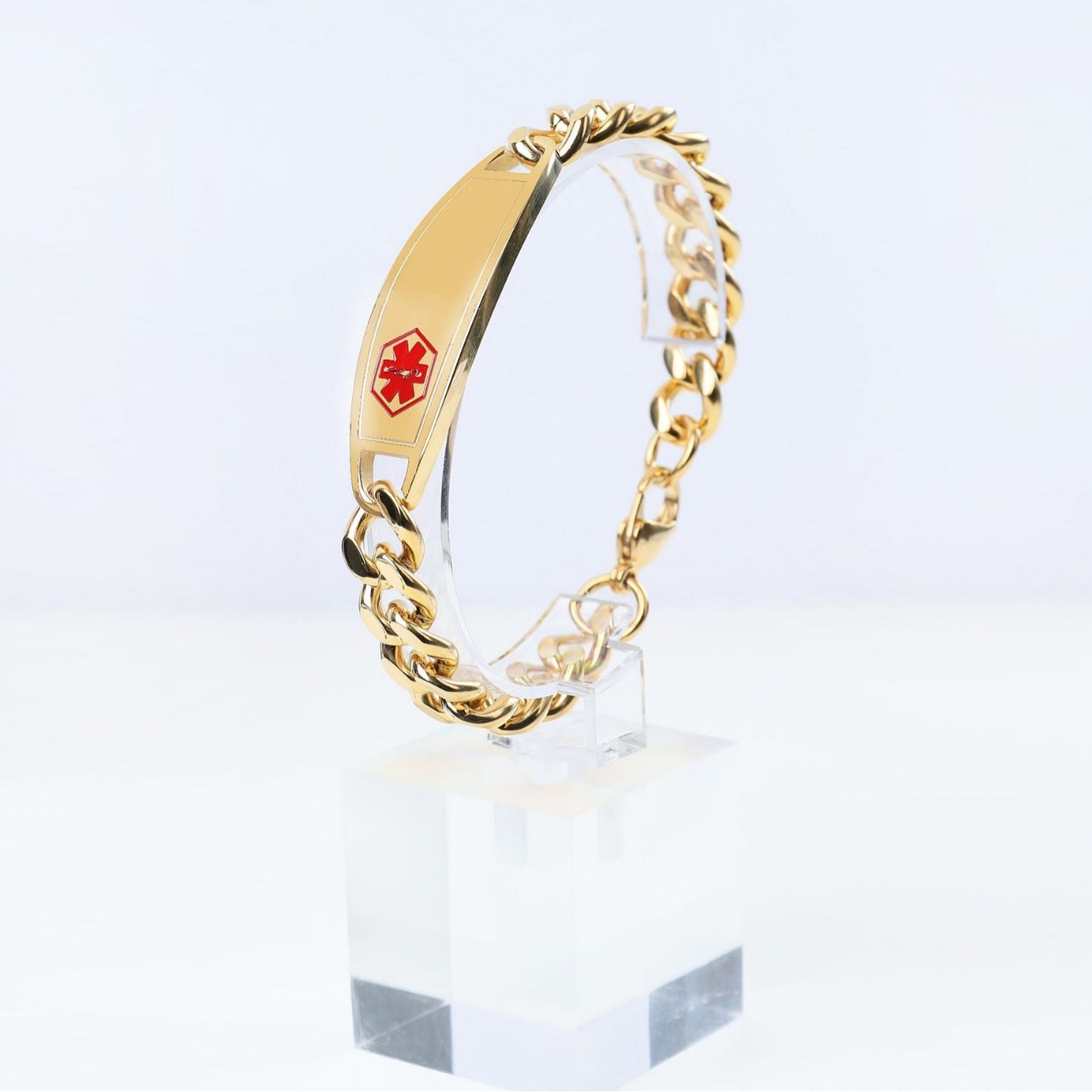 Men’s Gold Tone Stainless Steel Curved Medical Tag Bracelet, European American Fashion Wrist Jewelry