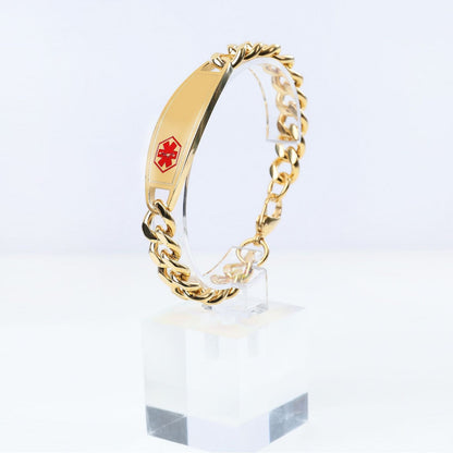 Men’s Gold Tone Stainless Steel Curved Medical Tag Bracelet, European American Fashion Wrist Jewelry