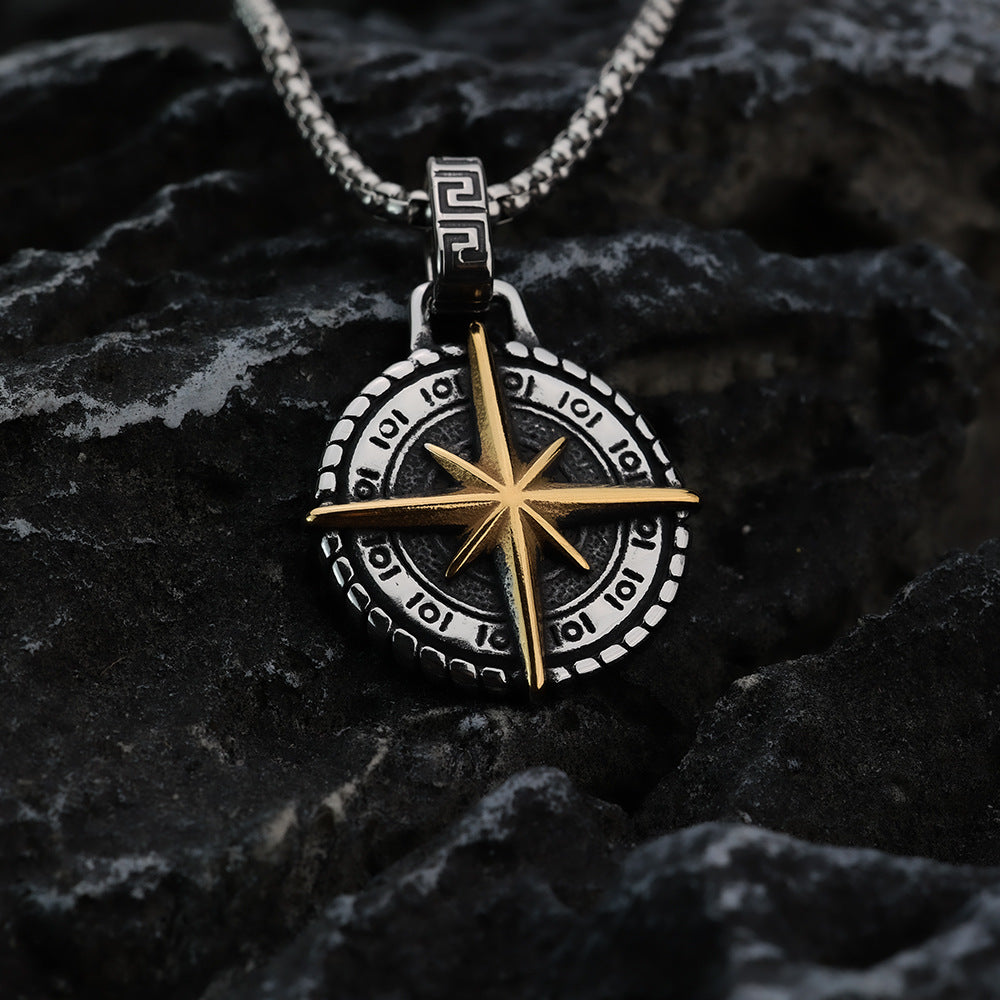 Vintage Stainless Steel Hexagram Compass Pendant Necklace for Men