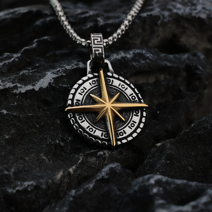 Vintage Stainless Steel Hexagram Compass Pendant Necklace for Men