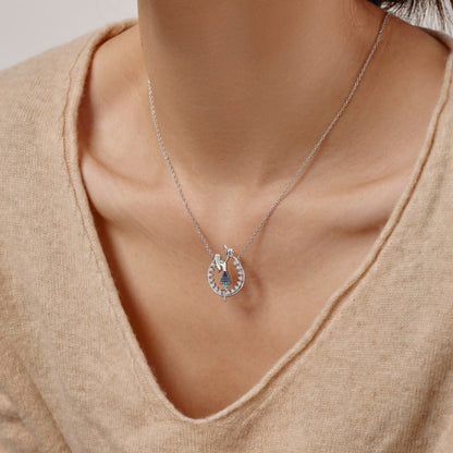 Women's Mom Holding Baby Pendant Necklace, Gradient White‑Blue Round Zirconia Inlay, S925 with White Gold Plating