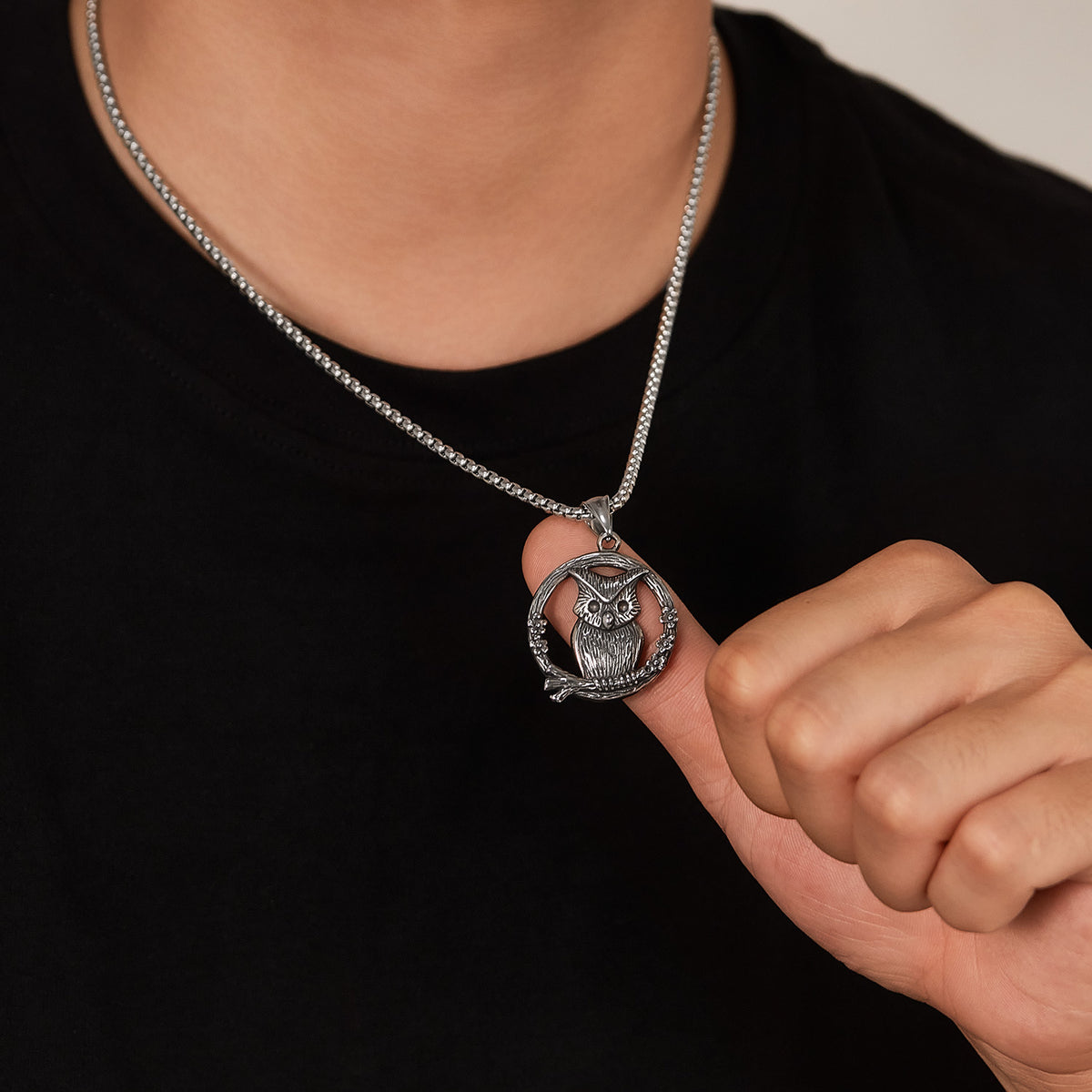 Men's Steel Owl Round Pendant Necklace