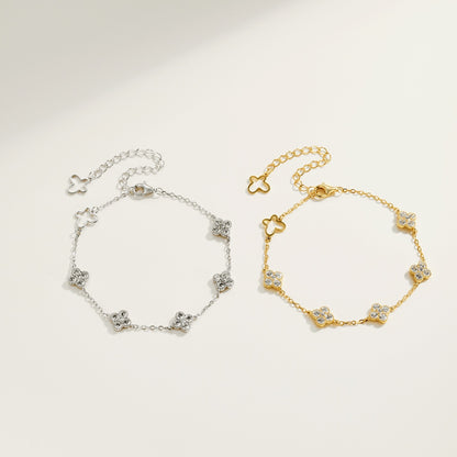 Women's Fashion Exquisite Bracelet, Round Zirconia Inlaid Clover & Hollow Butterfly Design, S925 with White Gold Plating