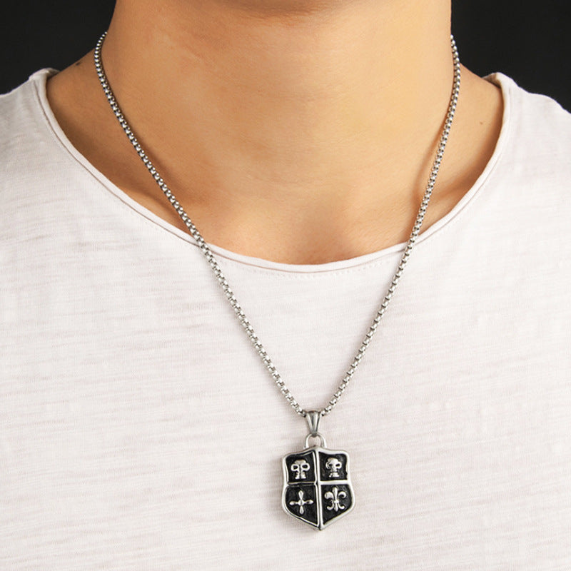 Men's Steel Shield Skull Pendant Necklace