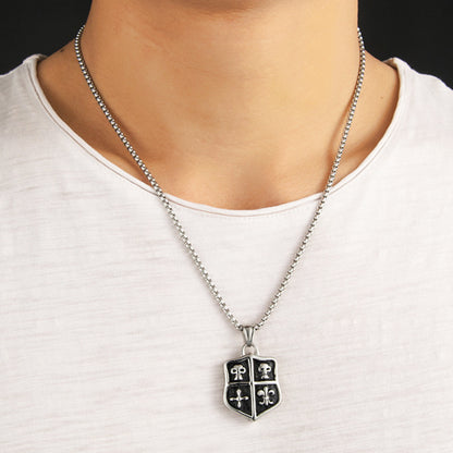 Men's Steel Shield Skull Pendant Necklace